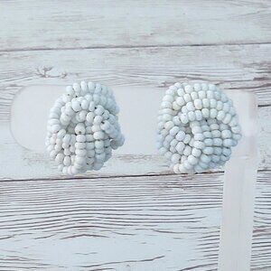 Vintage Clip On Earrings - White Beaded Twist Statement 0.75" - Retro